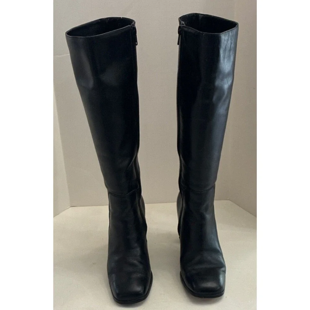 Pasaro Black Leather Knee High Riding Boots Block Heel Zip Square Toe Women's 6B